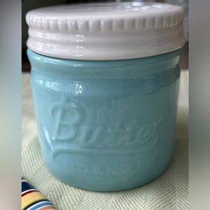 Porcelain Butter Keeper/ Butter Bell Turquoise Blue White Mason Jar Dowan